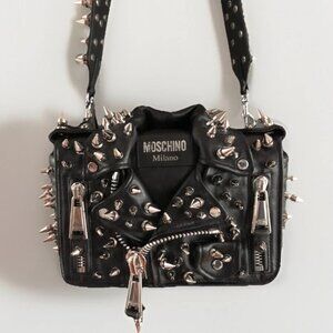RUNWAY BLACK Moschino Biker Moto Jacket Bag Spikes Clutch Studded crossbody